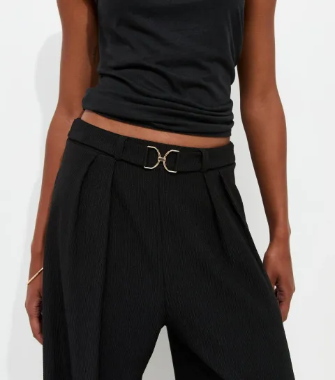 Women's Black Belt Detail Ribbed Crinkle Texture Wide Leg Trousers