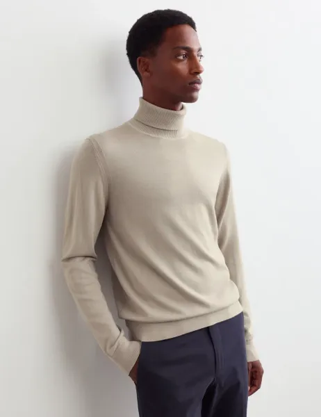Jaeger Merino Wool Rich Roll Neck Jumper with Silk Neutral