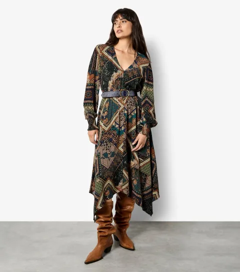 Women's Green Patchwork Hanky Hem Midi Dress
