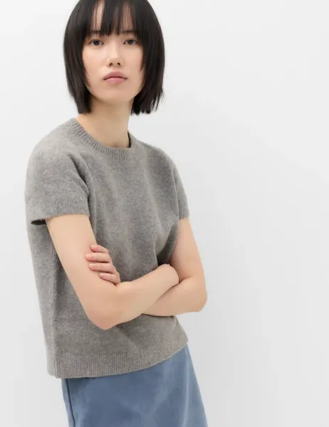 Marks & Spencer Crew Neck Short Knitted Top With Wool Mid Grey Marl