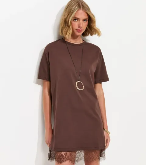 Women's Dark Brown Lace Hem Trim Mini T-Shirt Dress