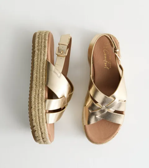 Women's Wide Fit Gold Faux Leather Crossover Strap Platform Sandals Vegan