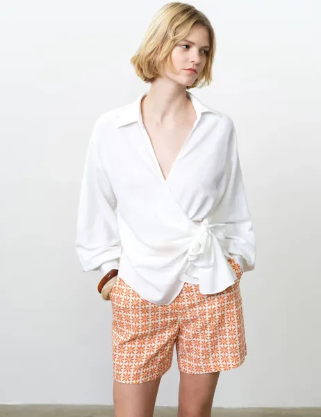 French Connection Cotton Blend Tie Front Wrap Top with Linen White