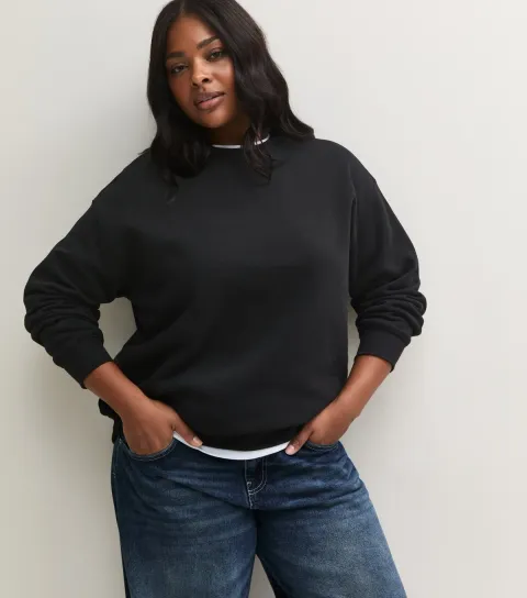 New Look Women's Plus Size Black Cotton Rich Round Neck Jersey Sweatshirt Curves