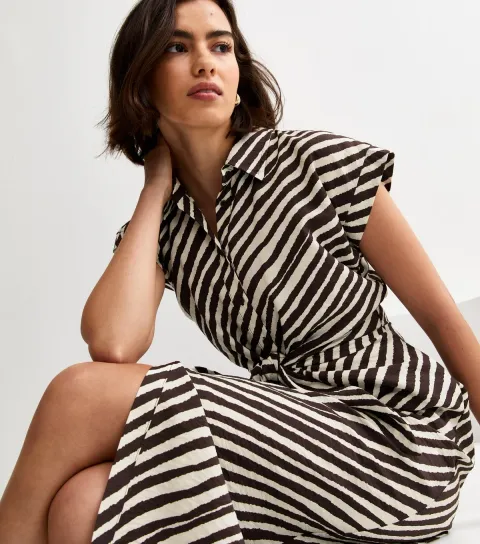Women's Brown Striped Tie Front Midi Shirt Dress