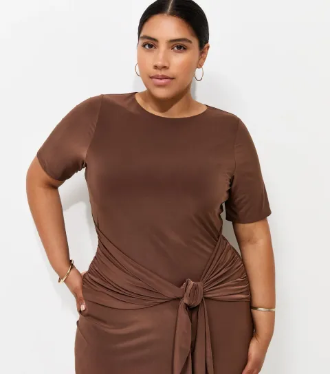 Women's Plus Size Dark Brown Knotted Waist Midi Dress Curves