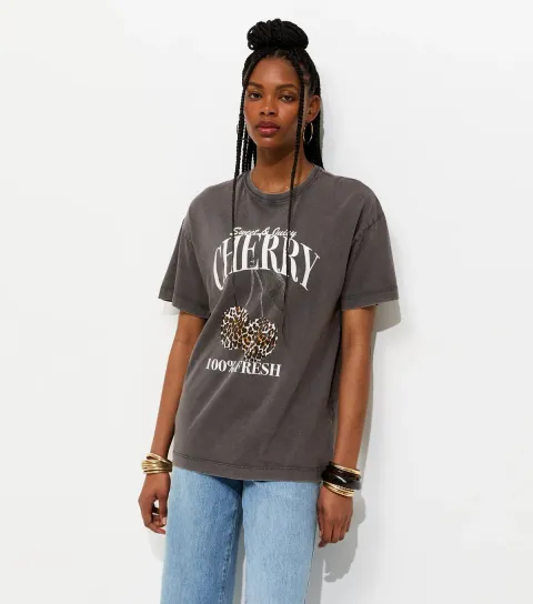 Women's Dark Grey Cotton Print Cherry Print Oversized T-Shirt