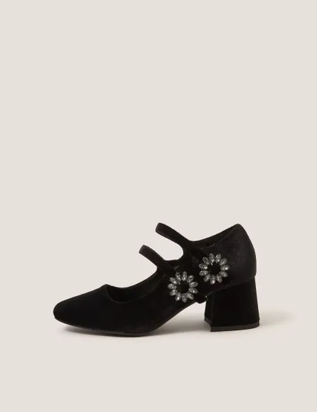 Monsoon Velvet Embellished Block Heel Mary Jane Shoes Black