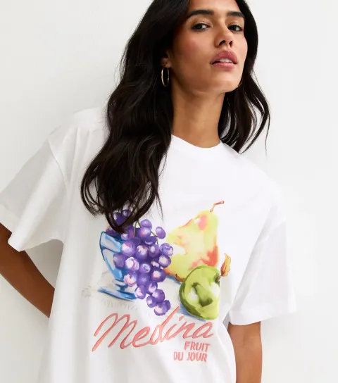 Women's White Cotton Fruit Print Oversized T-Shirt