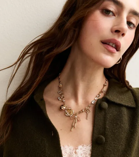 Gold Tone Bow Key Charm Necklace