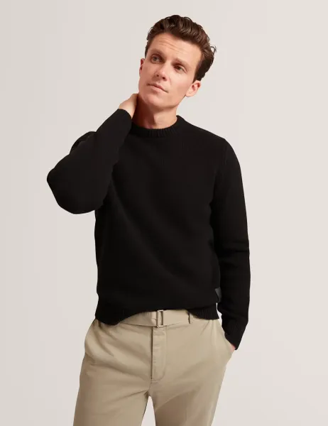 Ted Baker Wool Rich Logo Patch Crew Neck Jumper Black