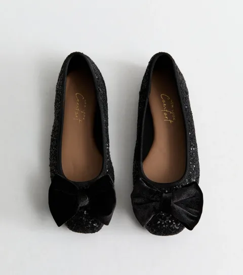 New Look Women's Wide Fit Black Sequin Velvet Bow Ballet Pumps Vegan