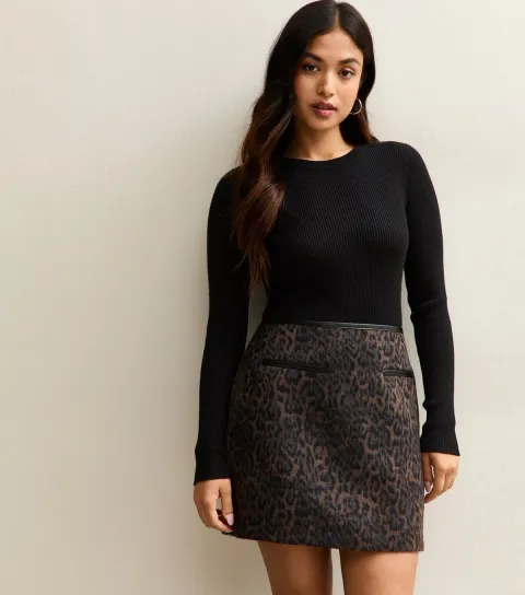 Women's Petite Brown Brushed Leopard Print Mini Skirt