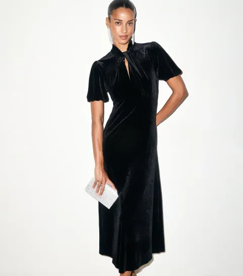 New Look Women's Black Velvet Twist Neck Puff Sleeve Midi Dress