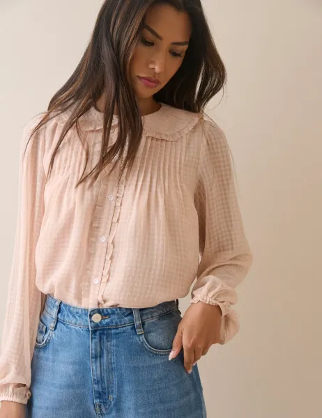 Nobody's Child Checked Collared Ruffle Blouse Pink