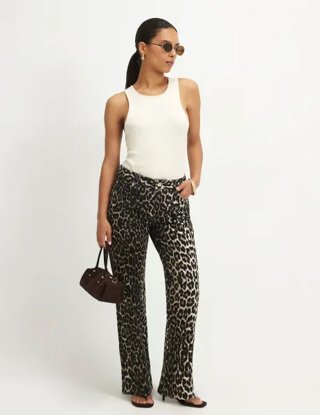 River Island Mid Rise Leopard Print Slim Straight Leg Jeans Beige Mix