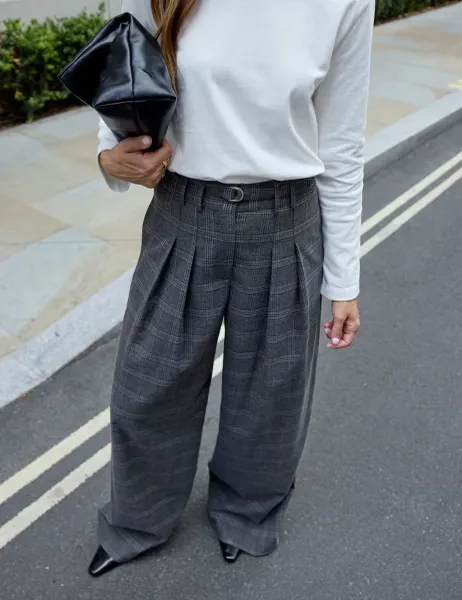 WAT THE BRAND Checked Belted Tailored Wide Leg Trousers Black/Grey