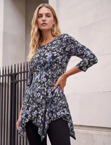 Roman Stretch Jersey Floral Print Asymmetric Top Purple Mix