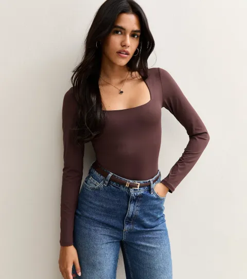 Women's Burgundy Slinky Square Neck Long Sleeve Bodysuit