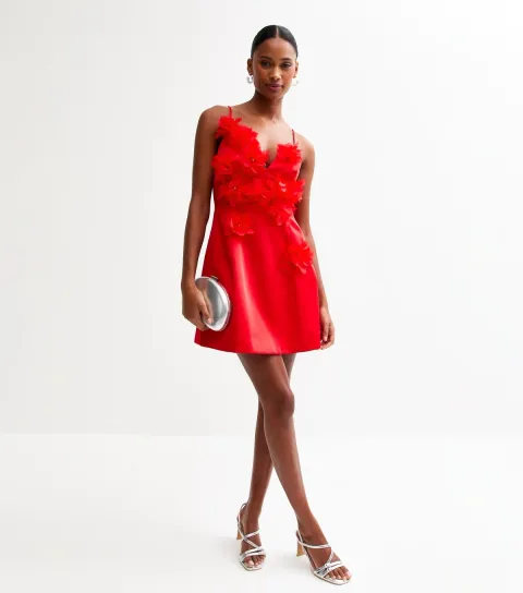 Women's Red Floral Appliqued Satin Mini Dress