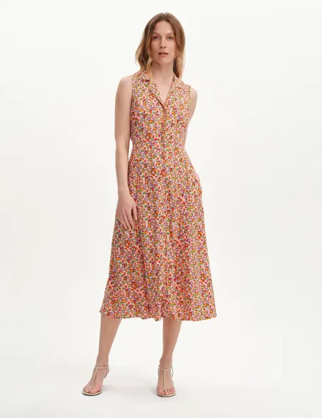 Finery London Floral Collared V-Neck Midi Shirt Dress Red Mix