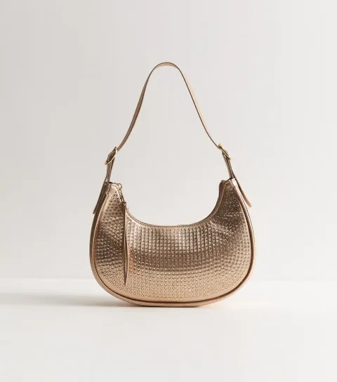 Gold Faux Leather Embellished Shoulder Bag