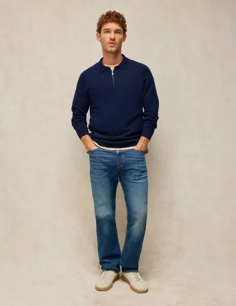 White Stuff Pure Wool Half Zip Long Sleeve Polo Shirt Dark Navy
