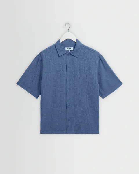 Keats - Blue Cotton Seersucker Short-Sleeve Shirt
