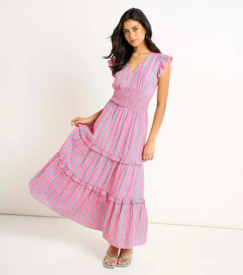 Women's Pink Summer Stripe Waisted Maxi Dress
