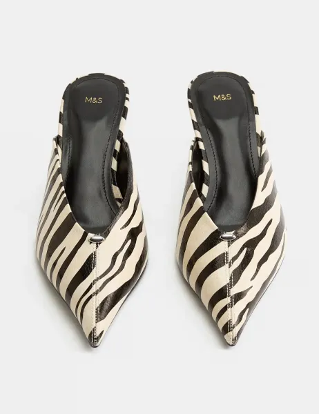 Marks & Spencer Zebra Print Kitten Heel Pointed Mules Cream Mix