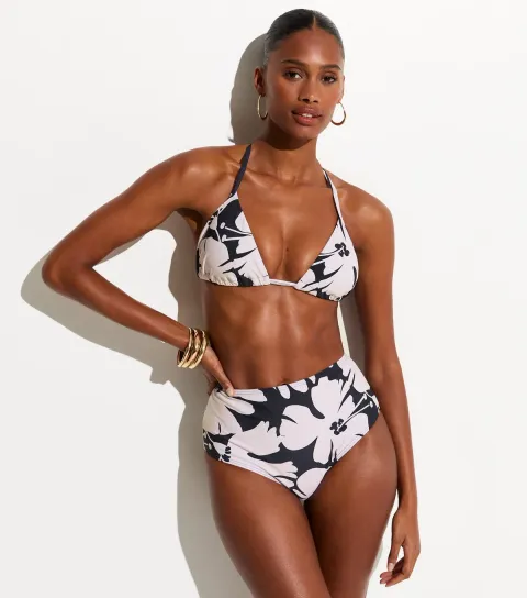 Women's Black Hibiscus High Waist Bikini Bottoms