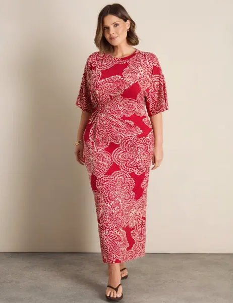 Live Unlimited London Jersey Floral Midaxi Waisted Dress Red Mix