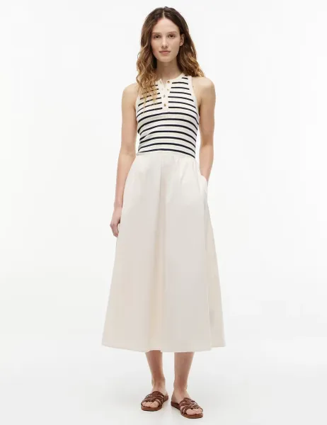 Tommy Hilfiger Pure Cotton Striped Midi Skater Dress Cream Mix