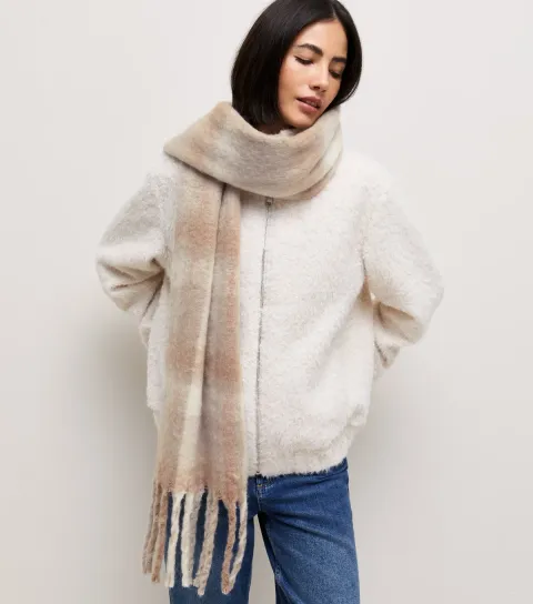 New Look Cream Check Pattern Fringed Scarf