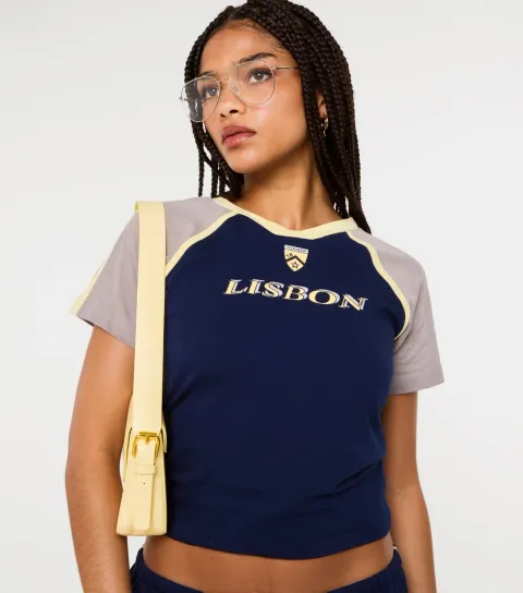 Women's Navy Lisbon Print Fitted T-Shirt