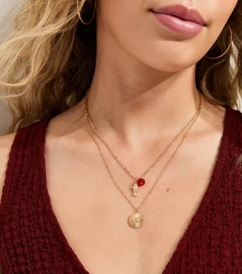 2 Layer Gold Tone Fish Coin Pendant Necklace