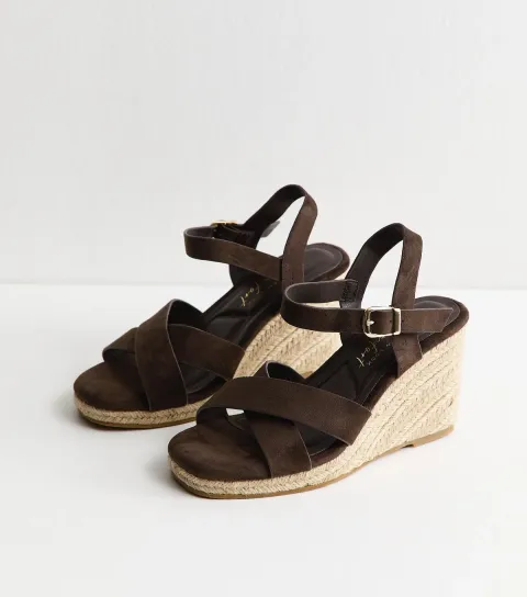 Women's Extra Wide Fit Brown Strappy Wedge Sandals Vegan