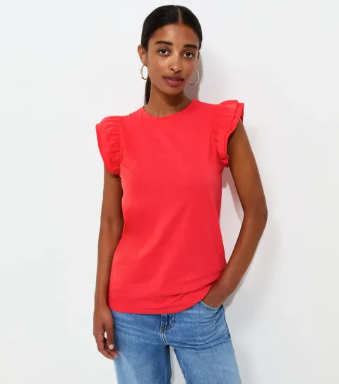 New Look Women's Bright Red Cotton Frill Sleeve Top