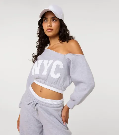 Pink Vanilla Women's Grey NYC Logo Off the Shoulder Sweatshirt