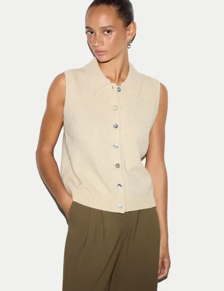 Jigsaw Wool Rich Collared Button Through Vest Cream