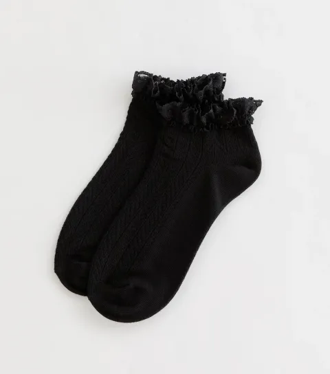 Black Herringbone Frilly Lace Trim Trainer Socks