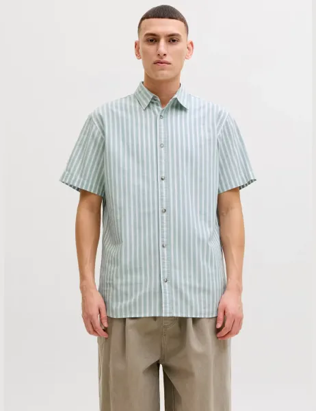 Jack & Jones Regular Fit Pure Cotton Striped Short Sleeve Oxford Shirt Green