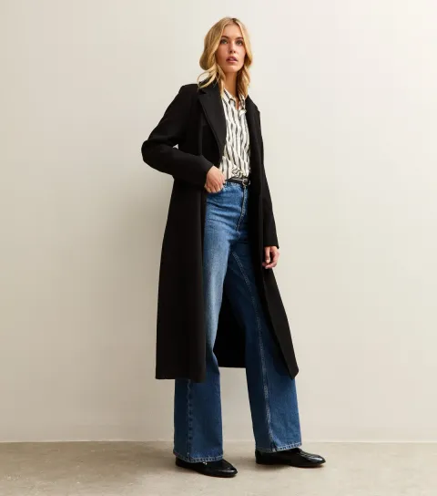 Women's Tall Black Longline Belted Coat