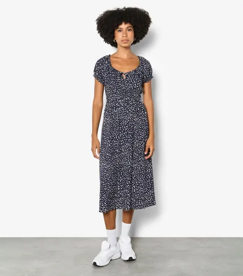 Women's Blue Spotty Midi Milkmaid Dress