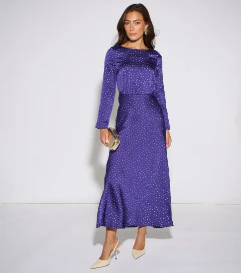 Women's Dark Blue Long Sleeve Satin Midi Dress