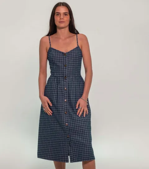 Women's Blue Cotton Rich Gingham Strappy Midi Dress