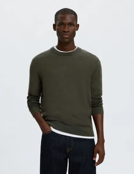 Selected Pure Merino Crew Neck Jumper Olive