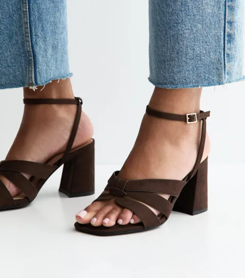 Women's Wide Fit Dark Brown Faux Suede Block Heel Sandals Vegan