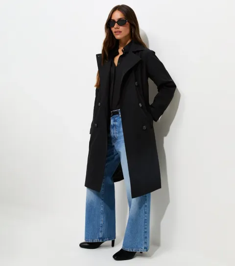 Women's Petite Black Double Breasted Trench Coat