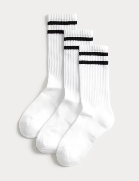 Goodmove 3 Pack Cotton Rich Striped Crew Socks White Mix